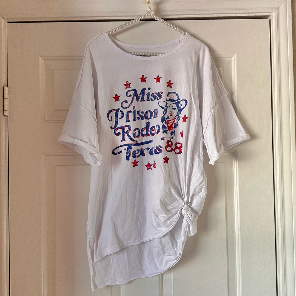 Women's White Short Sleeve Graphic Tee - 'Miss Prison Rodeo Texas 88'